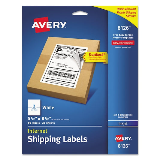 Shipping Labels w/TrueBlock Tech, Inkjet Printer, 5.5x8.5, White, PK50