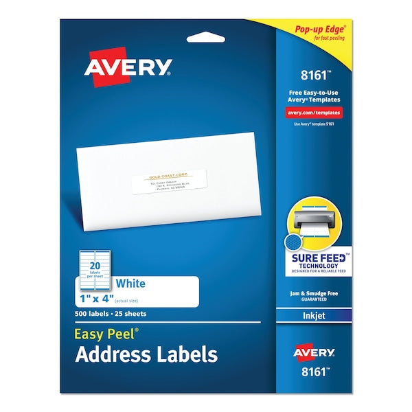 Easy Peel White Address Labels, Inkjet Printers, 1 x 4, White, PK500