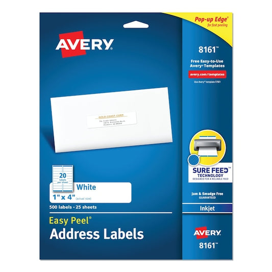 Easy Peel White Address Labels, Inkjet Printers, 1 x 4, White, PK500