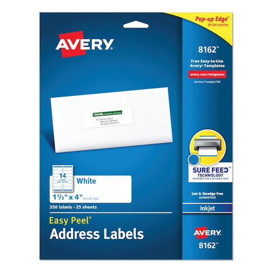 Easy Peel White Address Labels, Inkjet Printers, 1.33x4, White, PK350