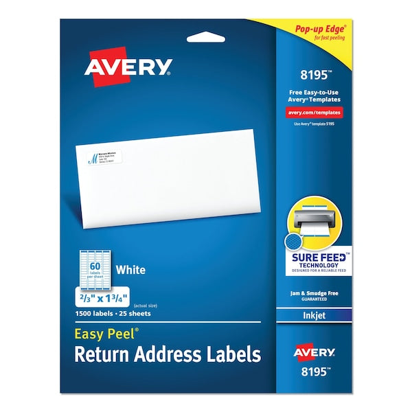 Easy Peel White Address Label w/Sure Feed, Inkjet, 0.66x1.75, PK1500