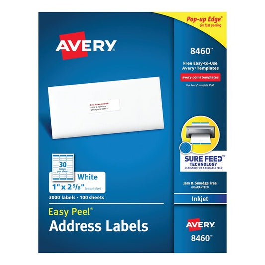 Easy Peel White Address Labels w/Sure Feed, Inkjet, 1x2.63, PK3000