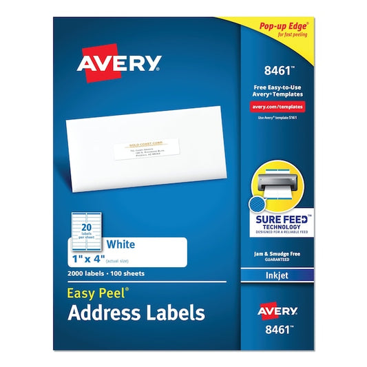 Easy Peel Wht Address Labels w/Sure Feed, Inkjet, 1x4, White, PK2000