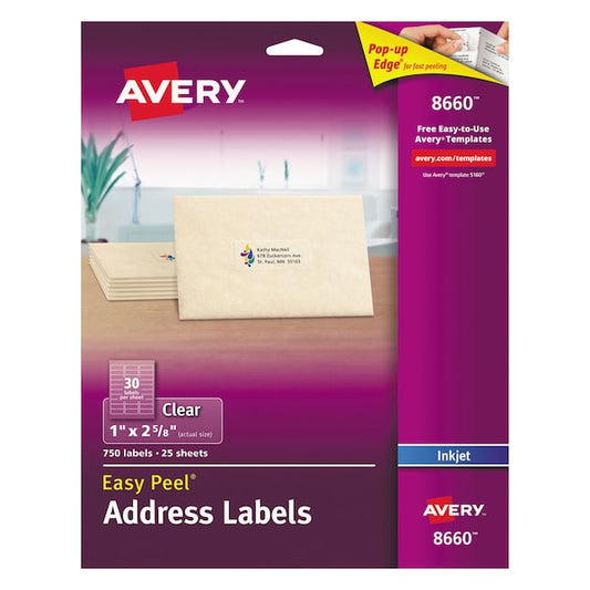 Clear Easy Peel Mailing Label w/Sure Feed, Inkjet, 1x2.63, Clr, PK750