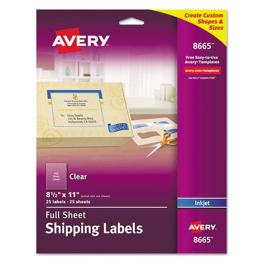 Matte Clear Shipping Labels, Inkjet Printers, 8.5 x 11, Clear, PK25