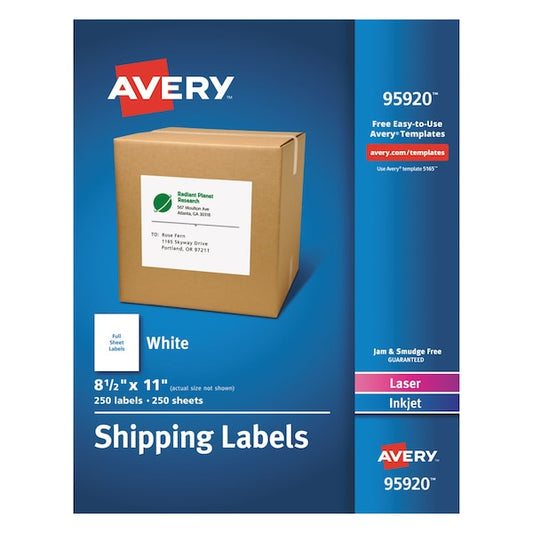 8-1/2" x 11" White Shipping Labels, Pk250