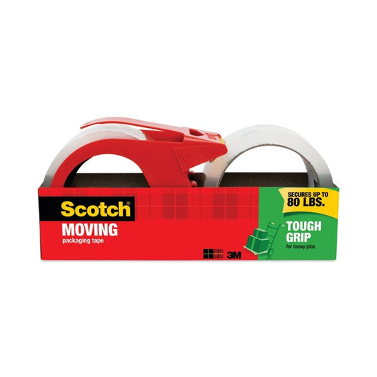 Tough Grip Moving Packaging Tape with Dispenser, 3" Core, 1.88" x 38.2 yds, Clear, 2PK