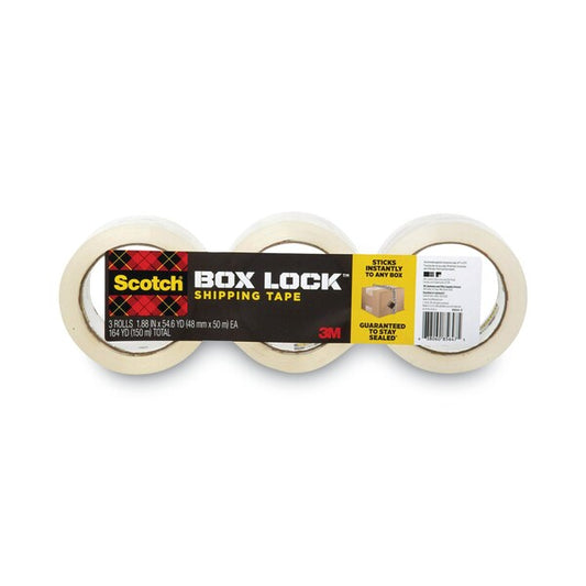 Box Lock Shipping Packaging Tape, 3 in. Core, 1.88 in. x 54.6 yds, Clear, PK3, 3PK