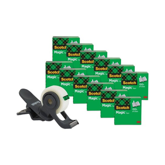 Clip Dispenser, 1in Core, Charcoal, Plus 12 Tape Rolls 3/4x1000, PK12