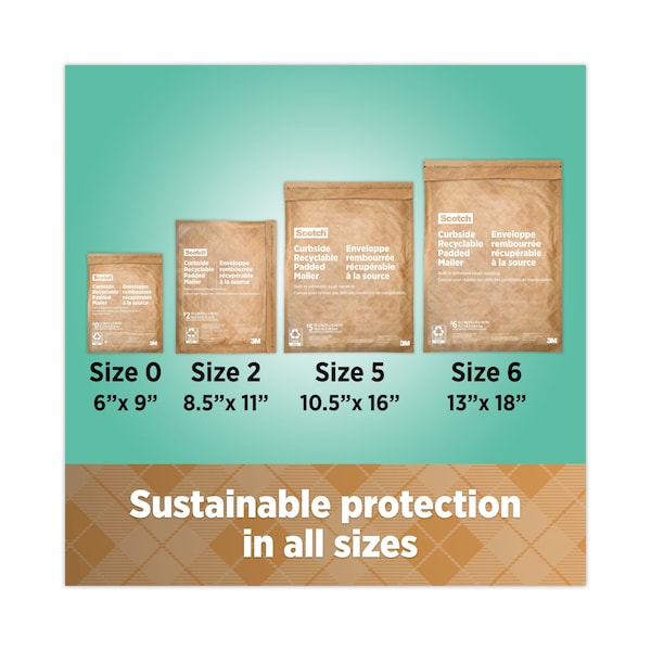Curbside Recyclable Padded Mailer, #6, Self-Adhesive, Interior Dimensions: 12.9x17.8, Kraft, 50PK