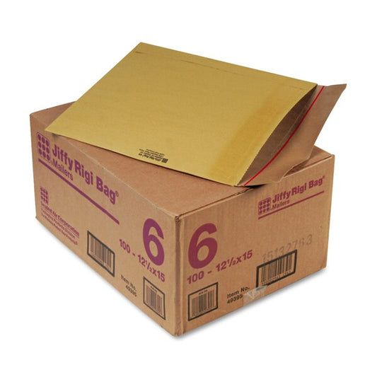 Jiffy Rigi Bag Mailer, #6, Square Flap, Self-Adhesive Closure, 12.5 x 15, Natural Kraft, 100PK