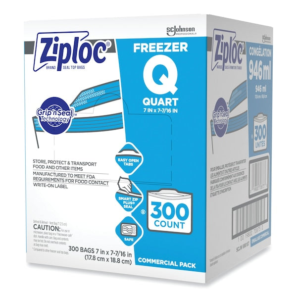 Double Zipper Freezer Bags, 1 qt, 2.7 mil, 7" x 7.75", Clear, PK300