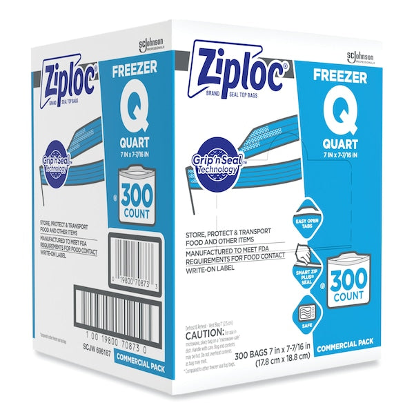 Double Zipper Freezer Bags, 1 qt, 2.7 mil, 7" x 7.75", Clear, PK300