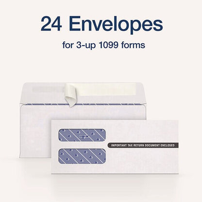 1099 Double Window Envelope, Commercial Flap, Self-Adhesive, Contemporary Seam, 3.75x8.75, Wht, PK24