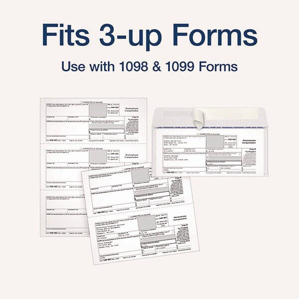 1099 Double Window Envelope, Commercial Flap, Self-Adhesive, Contemporary Seam, 3.75x8.75, Wht, PK24