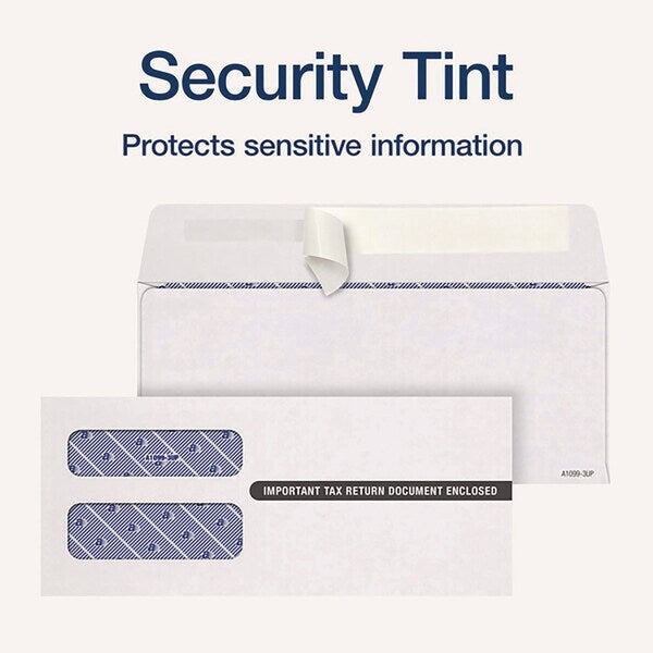 1099 Double Window Envelope, Commercial Flap, Self-Adhesive, Contemporary Seam, 3.75x8.75, Wht, PK24