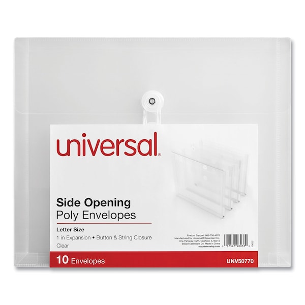 Side Opening Poly Envelopes, 1 in. Expansion, Letter Size, Clear, 10PK