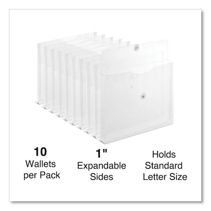 Side Opening Poly Envelopes, 1 in. Expansion, Letter Size, Clear, 10PK