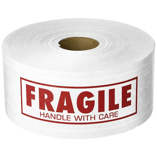 FRAGILE Printed, White Kraft Tape, 3" x 450 ft.