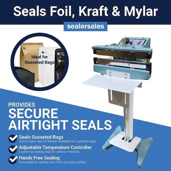 KF Series 8in Direct Heat Foot Sealer with 10mm Wide Seal, Meshed, Standing Operation