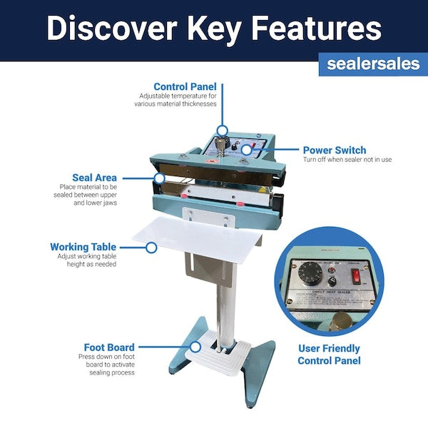 KF Series 8in Direct Heat Foot Sealer with 10mm Wide Seal, Meshed, Standing Operation