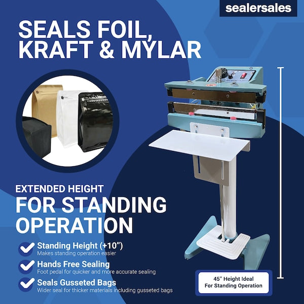 KF Series 8in Direct Heat Foot Sealer with 10mm Wide Seal, Meshed, Standing Operation