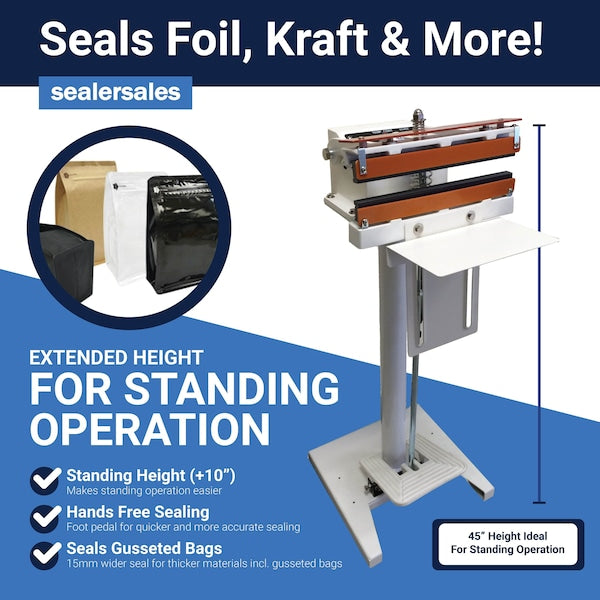 8in W-Series Direct Heat Foot Sealer w/ 15mm Meshed Seal Width, Standing Operation