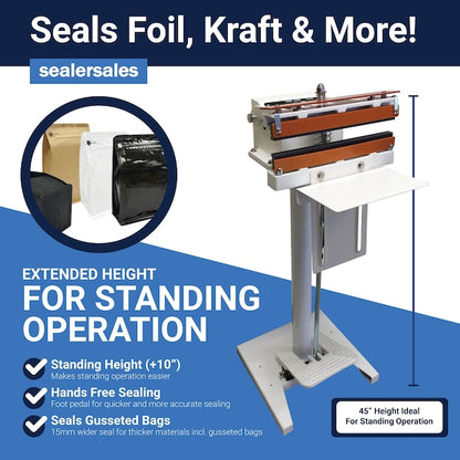 8in W-Series Direct Heat Foot Sealer w/ 15mm Meshed Seal Width, Standing Operation