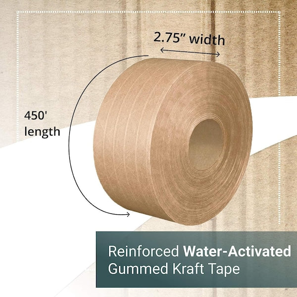 Gummed Kraft Sealing Tape, 3" Core, 2.75" x 450 Ft., Kraft, Pack of 8 Rolls