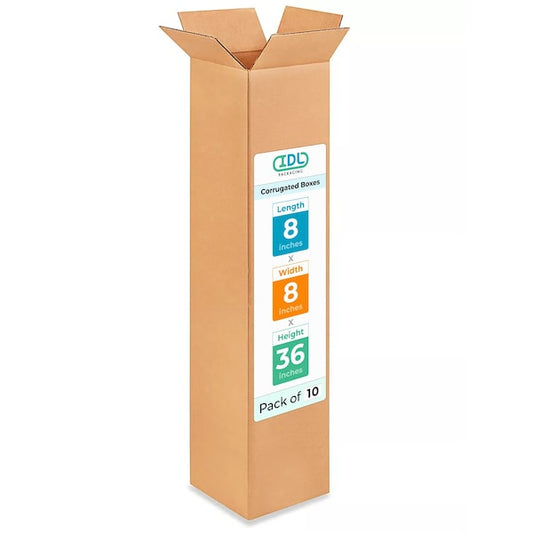 8L x 8W x 36H Corrugated Boxes for Shipping or Moving, Heavy Duty, 10PK