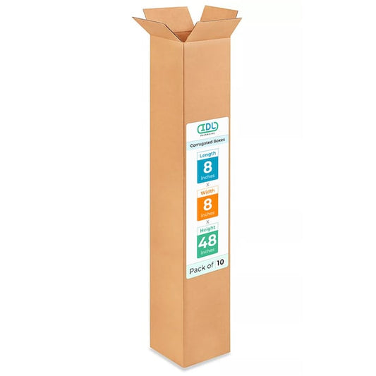 8L x 8W x 48H Corrugated Boxes for Shipping or Moving, Heavy Duty, 10PK