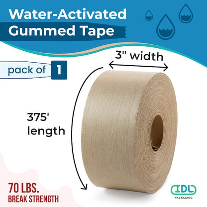 2.83 x 450' Reinforced Water-Activated Gummed Kraft Tape pack of 1 for Carton Sealing, White