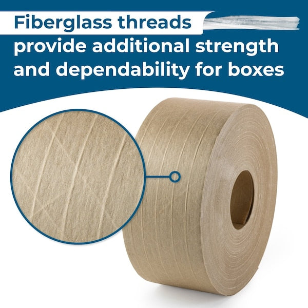 2.83 x 450' Reinforced Water-Activated Gummed Kraft Tape pack of 1 for Carton Sealing, White