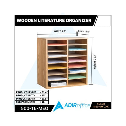 16-Compartment Wood Adjustable Paper Sorter Literature File Organizer, Medium Oak