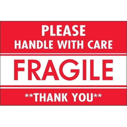 Tape Logic DL2157 2 x 3 in. - Fragile - Handle with Care Labels; Red & White - Roll of 500