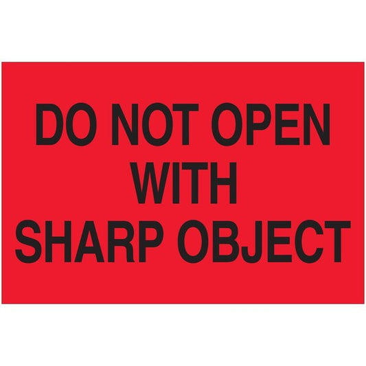 2 x 3 in. Do Not Open with Sharp Object LabelsFluorescent Red