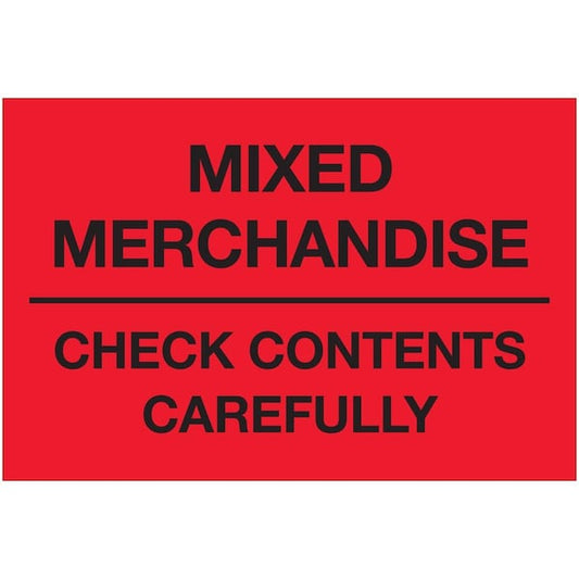2 x 3 in. Mixed Merchandise Check Contents Carefully LabelsFluorescent Red