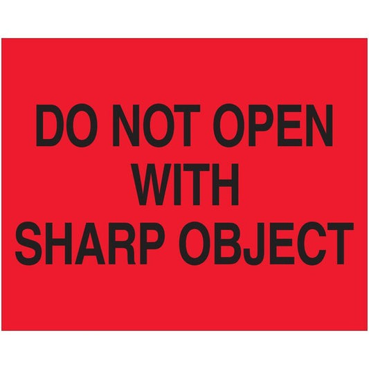 8 x 10 in. Do Not Open with Sharp Object LabelsFluorescent Red