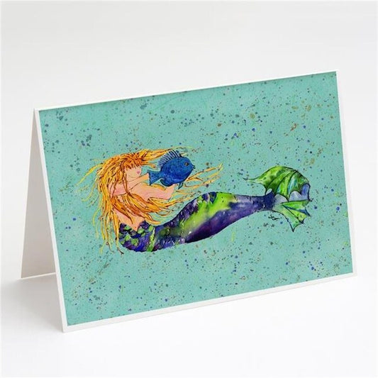 Carolines Treasures 8336GCA7P Blonde Mermaid on Teal Greeting Cards & Envelopes - Pack of 8