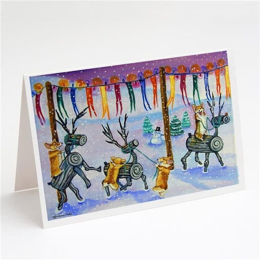 Carolines Treasures 7443GCA7P Corgi Log Reindeer Race Christmas Greeting Cards & Envelopes - Pack of 8