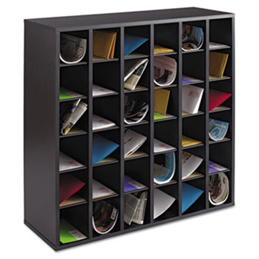 Safco Products 7766BL Wood Mail Sorter with Adjustable Dividers; Stackable; 36 Compartments; Black