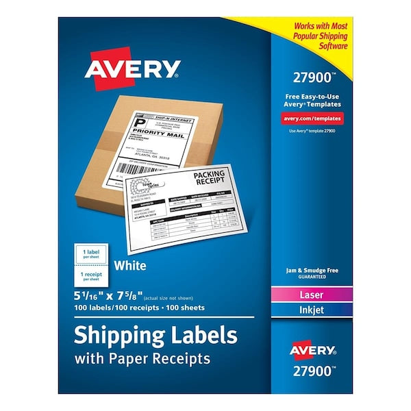 Avery Products Corporation White Shipping Labels with Paper Receipts, 4.93 x 6.3 in., 100PK