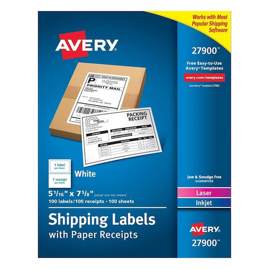 Avery Products Corporation White Shipping Labels with Paper Receipts, 4.93 x 6.3 in., 100PK