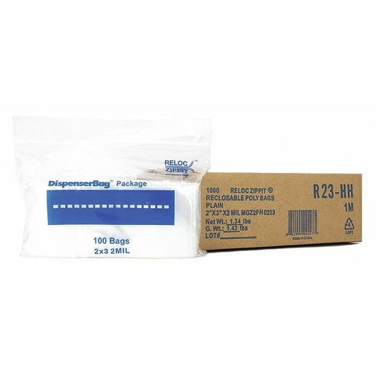Clear Reclosable Bags, 2 mil, 2"x3", PK1000, 3 L, 2 W, Clear
