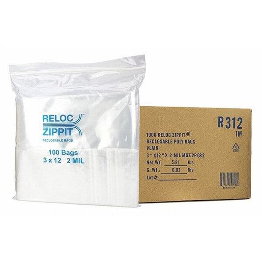 Clear Reclosable Bags, 2mil, 3"x12", PK1000, 12 L, 3 W, Clear