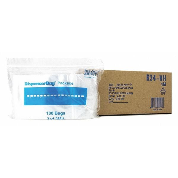 Clear Reclosable Bags, 2 mil, 3"x4", PK1000, 4 L, 3 W, Clear