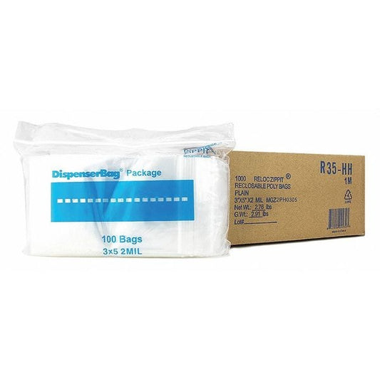Clear Reclosable Bags, 2 mil, 3"x5", PK1000, 5 L, 3 W, Clear