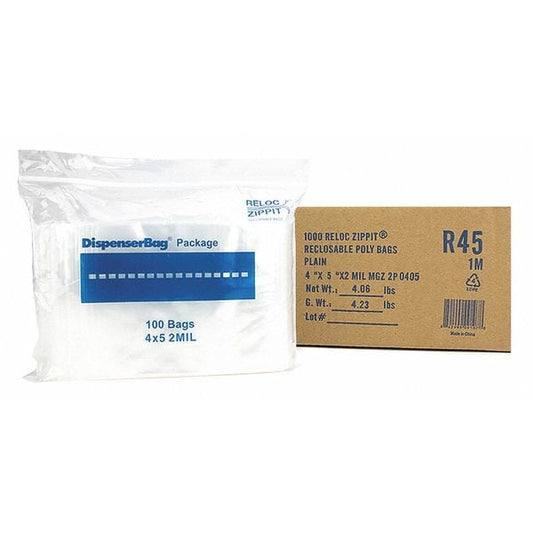 Clear Reclosable Bags, 2 mil, 4"x5", PK1000, 5 L, 4 W, Clear