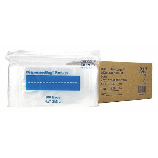 Clear Reclosable Bags, 2 mil, 4"x7", PK1000, 7 L, 4 W, Clear