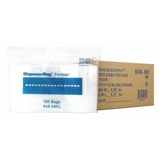 Clear Reclosable Bags, 2 mil, 4"x6", PK1000, 6 L, 4 W, Clear